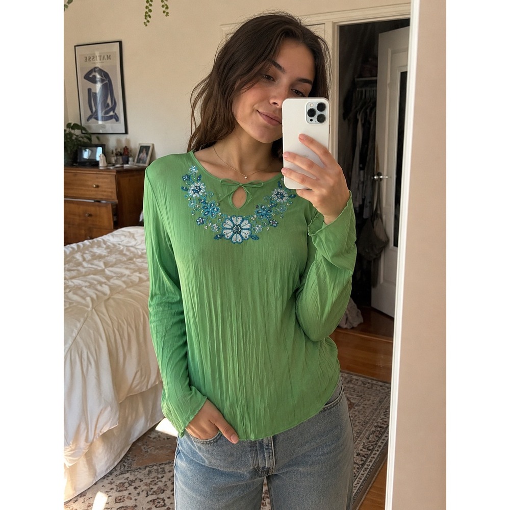 VTG  Xhiliration Y2K Top Green Embroidered Sequin Long Sleeve Fairycore Size XL
